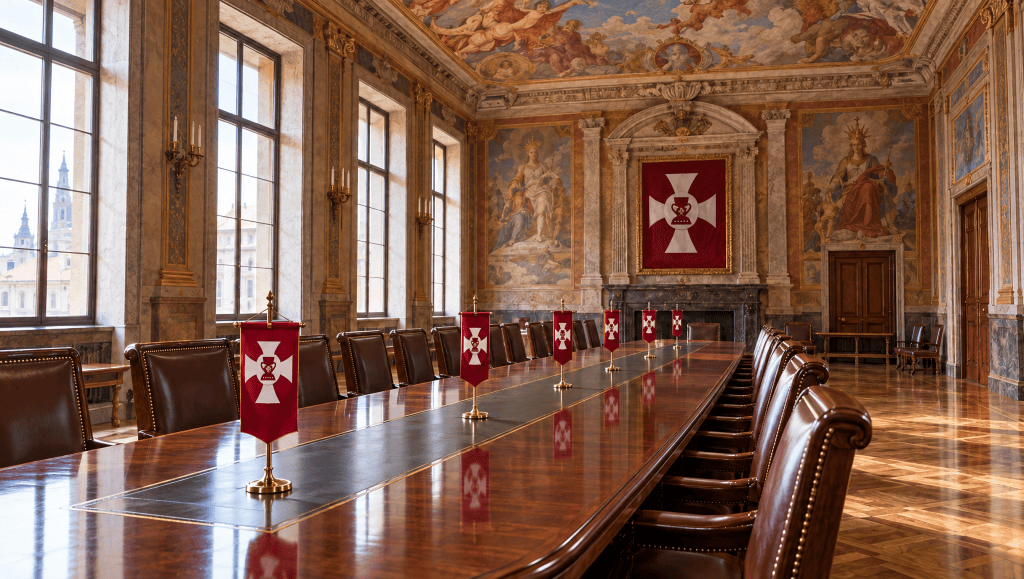A council chamber with the table banners of the Order